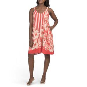LA RAGAZZE Red/white Linen Blend Sleeveless Floral Print Midi Dress